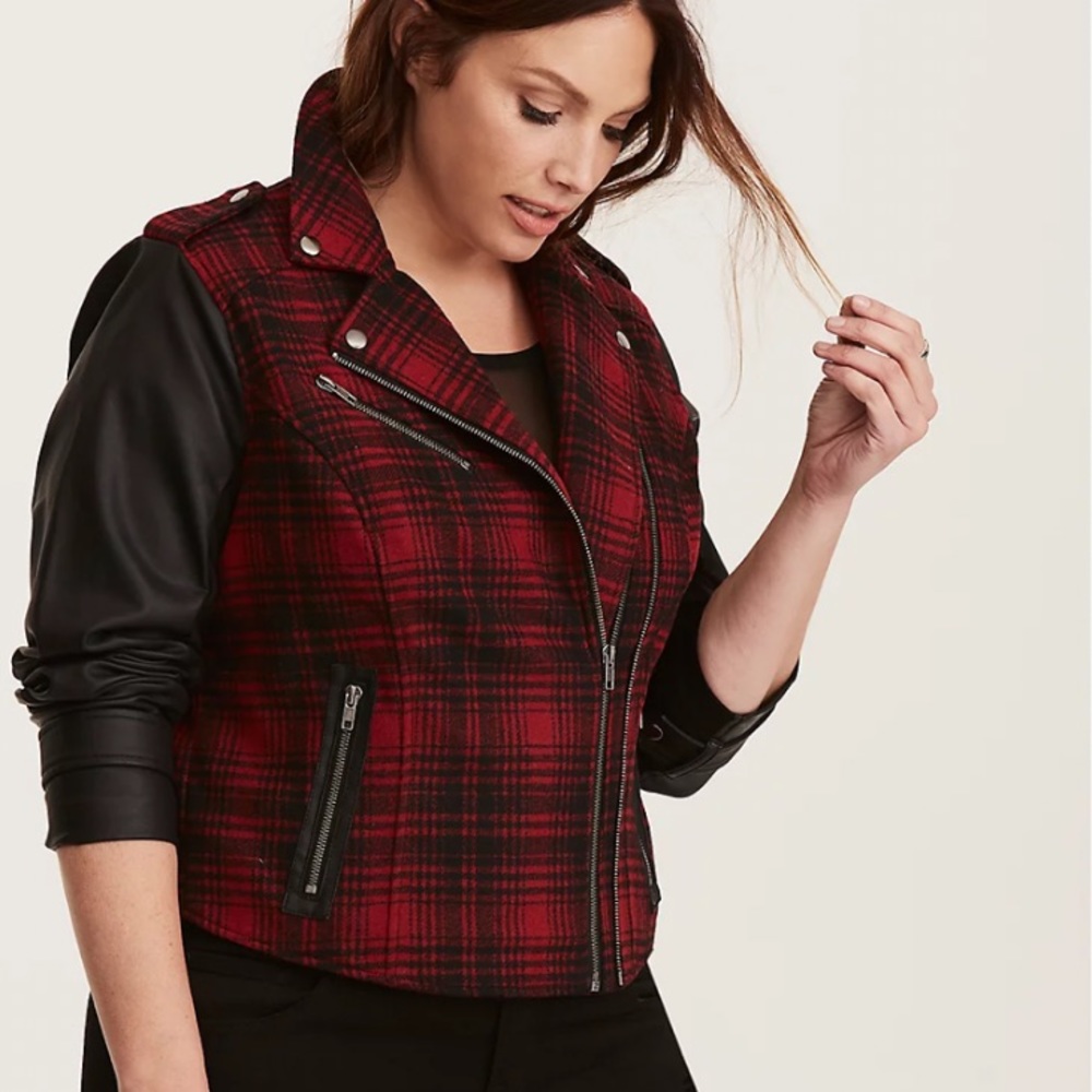 Torrid Plaid Mixed Fabric Wool Moto Jacket
